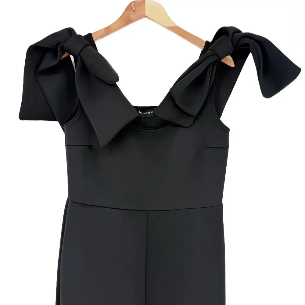 NEW PrettyLittleThing Black Bow Shoulder Flared Leg Scuba Jumpsuit size 12